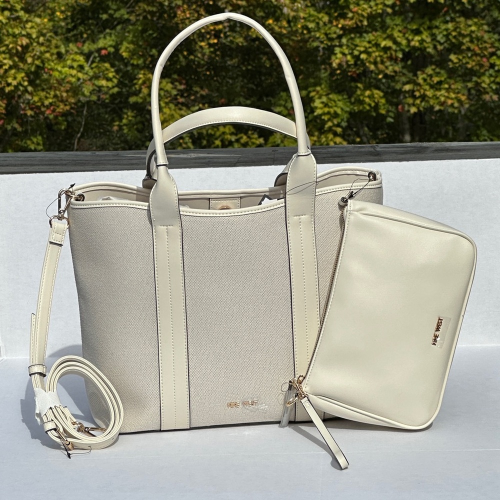 Nine West Cream Leather and Canvas Carryall Crossbody Handbag (with pouch) NEW